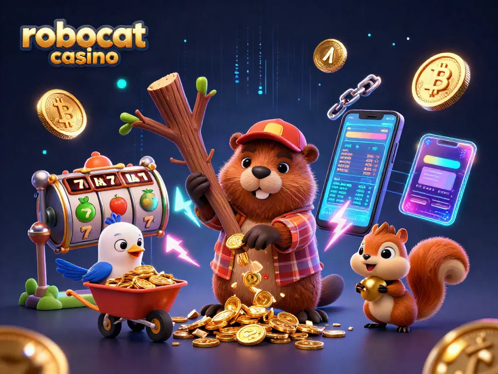 Play exciting games at robocat casino with dynamic slot reels and glowing crypto coins.
