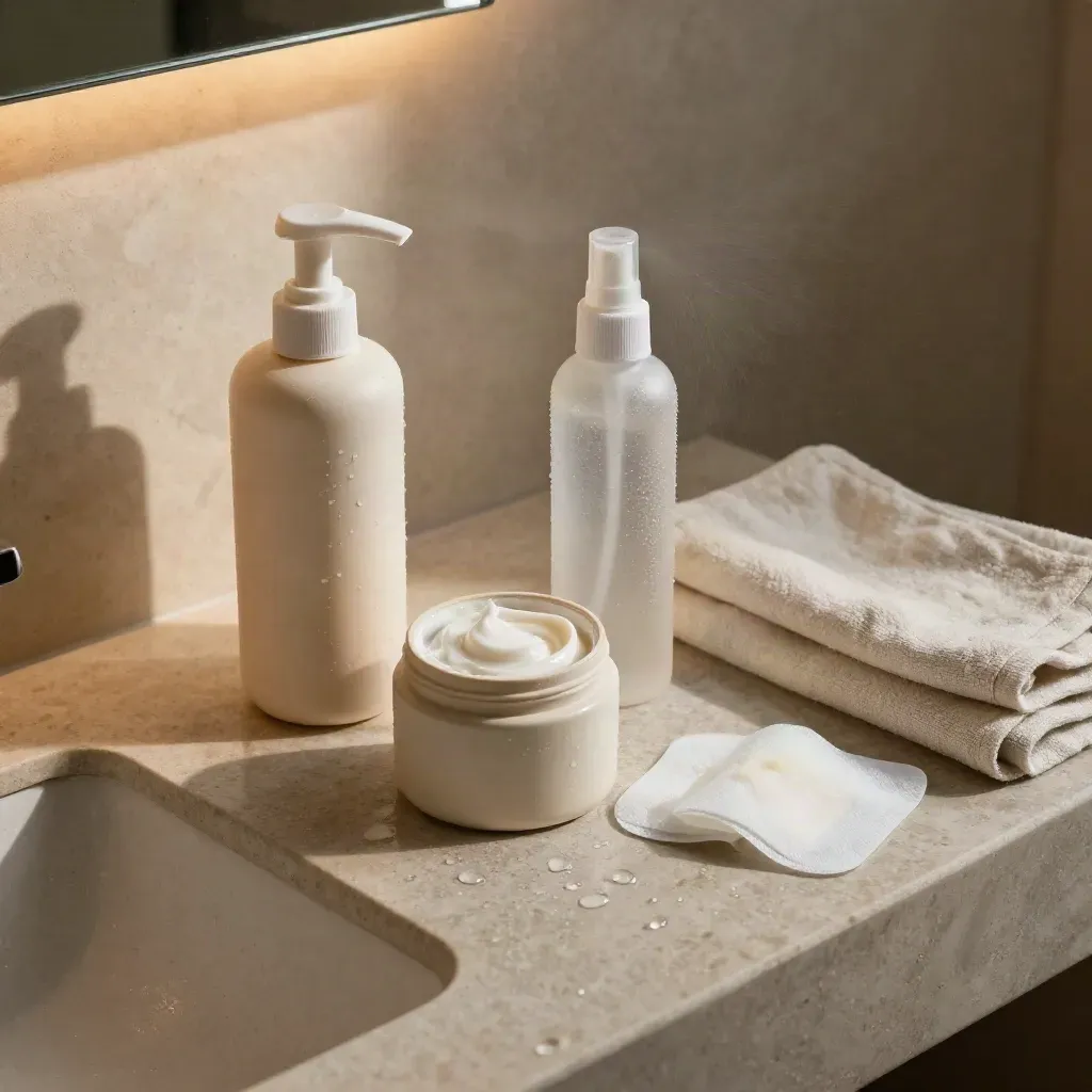 Rutina para acné y rosácea sobre encimera de piedra clara con spray, crema barrera y compresas frías.