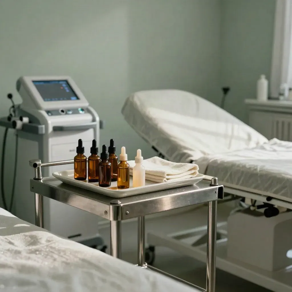 Sala dermatológica luminosa con camilla de lino, sueros ámbar y equipo clínico en penumbra.