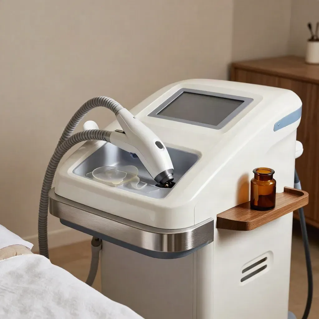 Cabina de láser facial con consola apagada, gel de enfriamiento y drapeado blanco.
