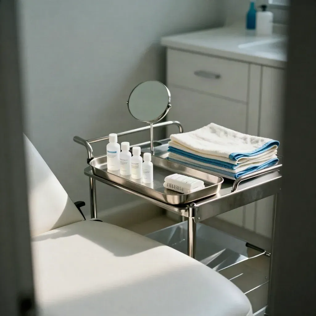 Gabinete dermatológico preparado con silla de examen, bandeja metálica y toallas dobladas.