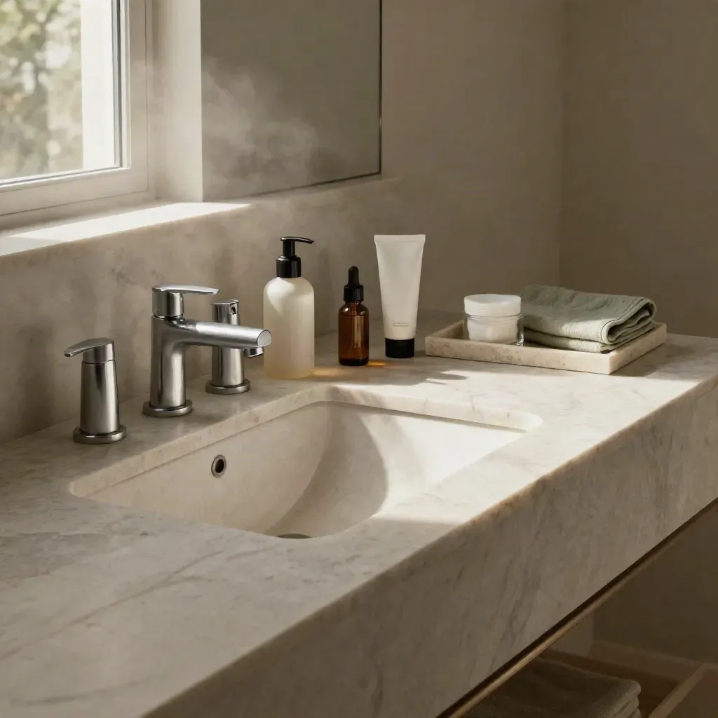 Baño minimalista con tocador de mármol, pocos cosméticos y luz suave matinal.