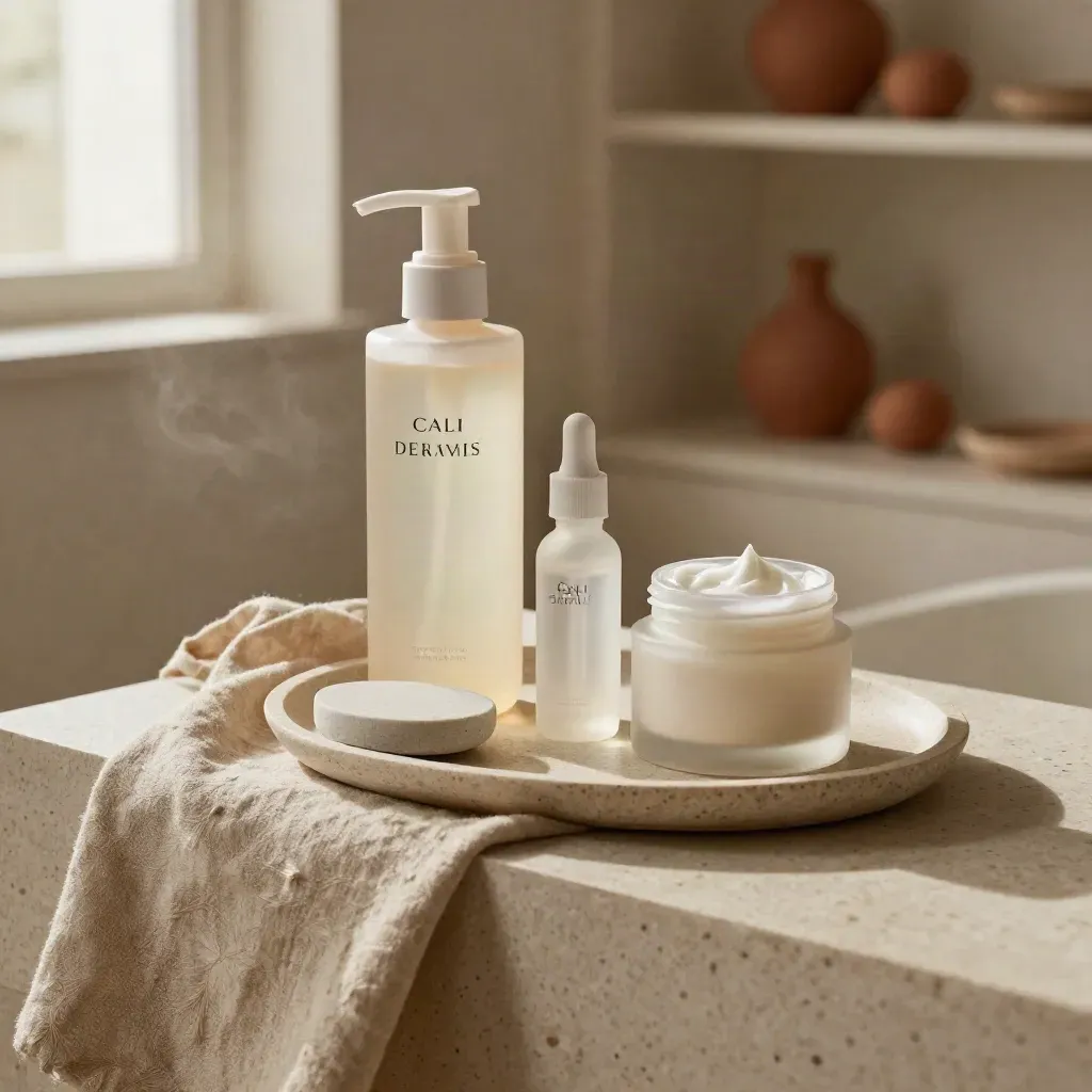 Rutina dermocosmética con limpiador, sérum y crema sobre piedra crema con luz suave.