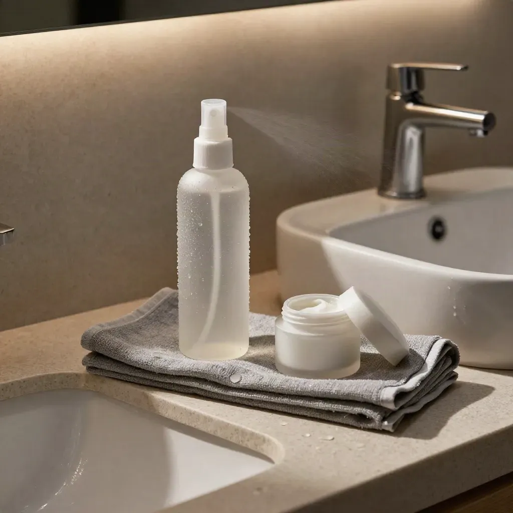 Lavabo sereno con spray térmico, crema barrera, paño frío y luz suave en clínica.