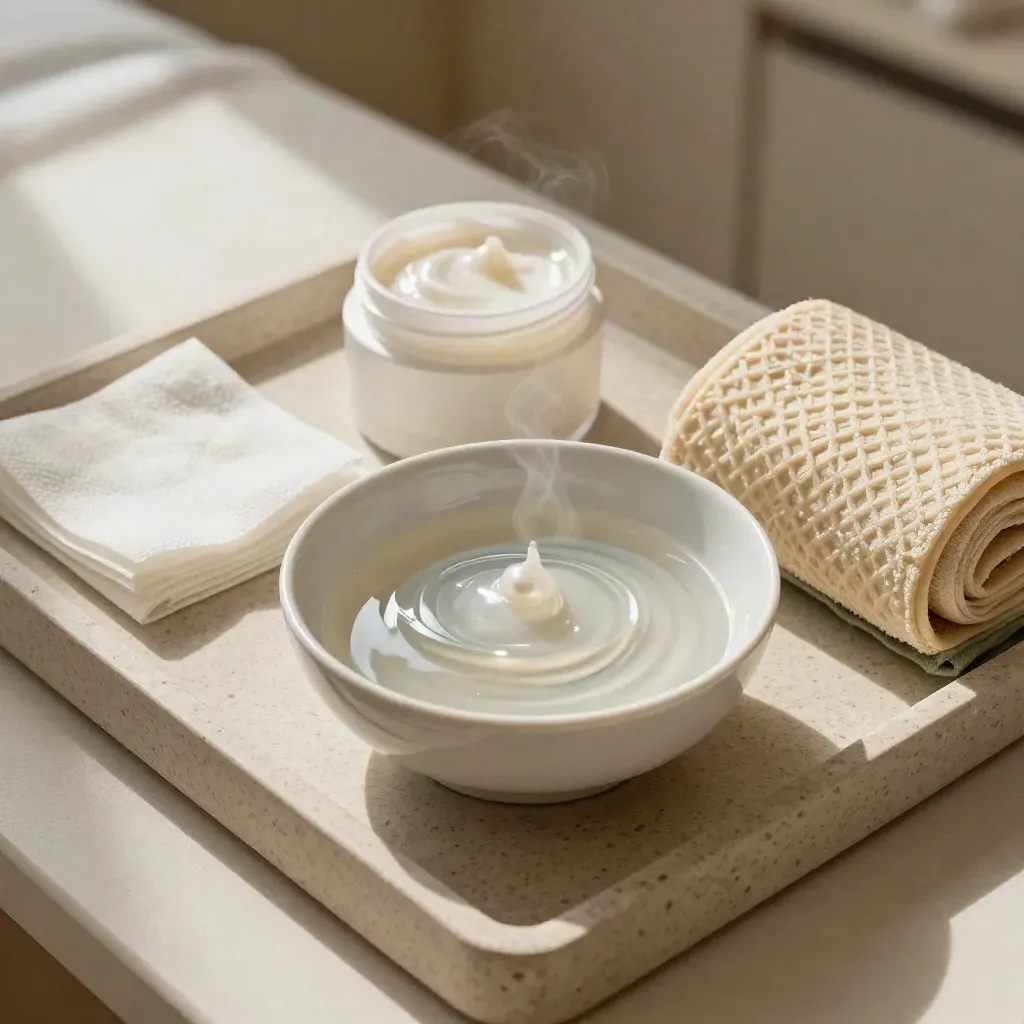 Set de peeling médico con cuenco de porcelana, gasas, crema y toalla en tonos suaves.