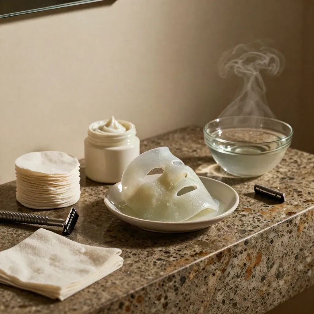 Kit post-peeling con mascarilla hidrogel, crema espesa, gasas y agua tibia humeante.