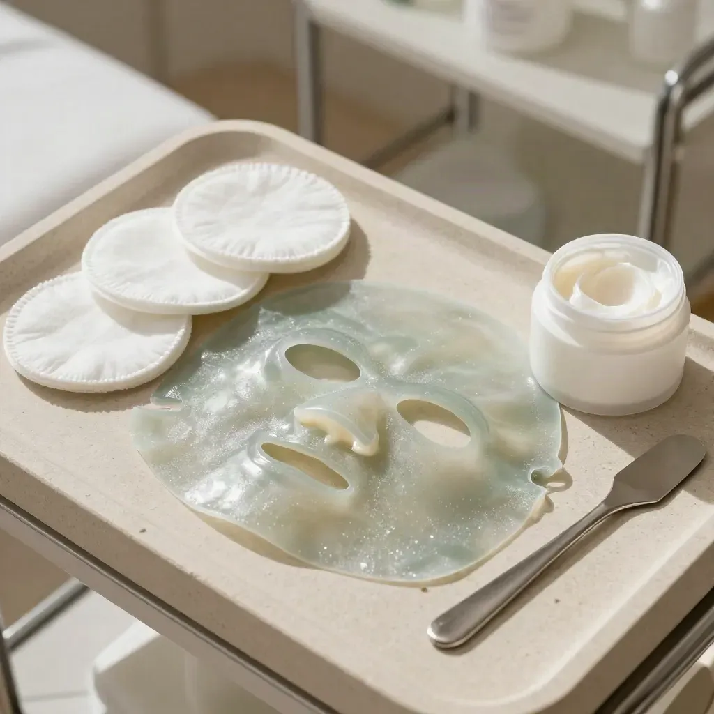 Estación dermoestética con mascarilla hidrogel, crema calmante, algodón y láminas de silicona.