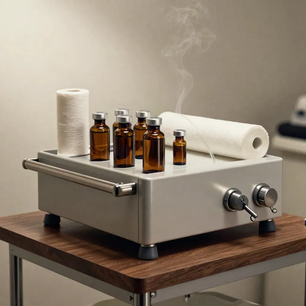 Carro clínico de dermatología con frascos ámbar, gasas y equipo de tratamiento en luz dramática.