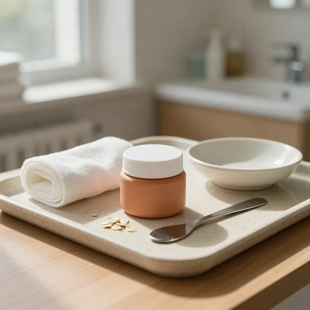 Kit pediátrico de cuidado cutáneo con crema, gasas y espátula en luz suave de clínica.
