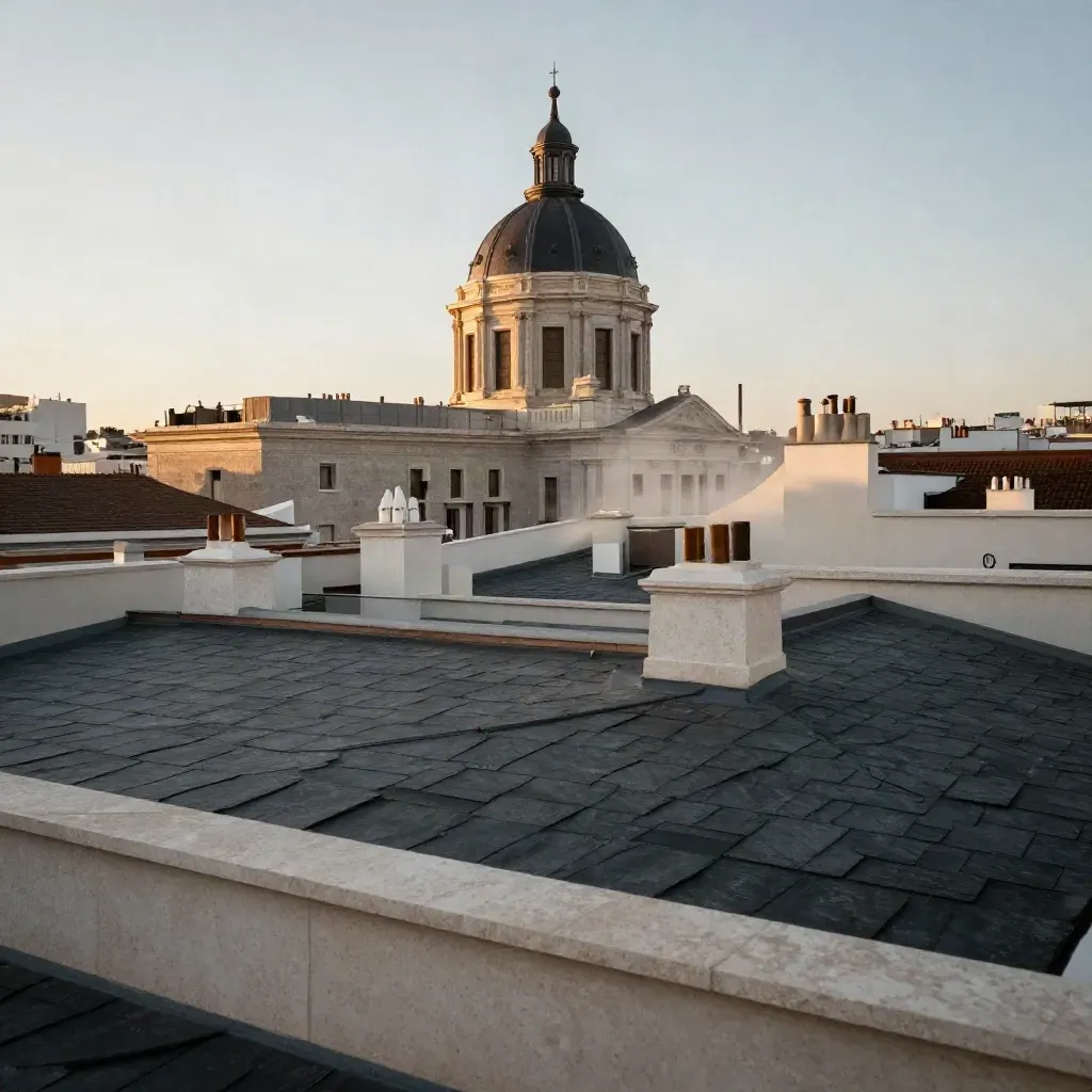 Vista amplia de Madrid Centro con cúpula histórica y tejados de pizarra entre bruma dorada.