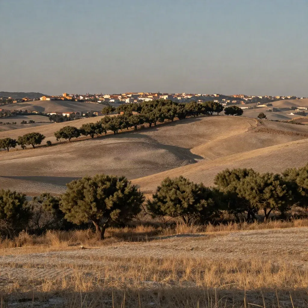 Paisaje de Madrid Oeste con lomas, encinas y tejados lejanos bajo bruma cálida.
