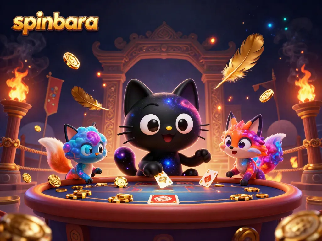 Spinbara's cosmic casino features a black hole cat and nebula fox attracting golden betting chips.