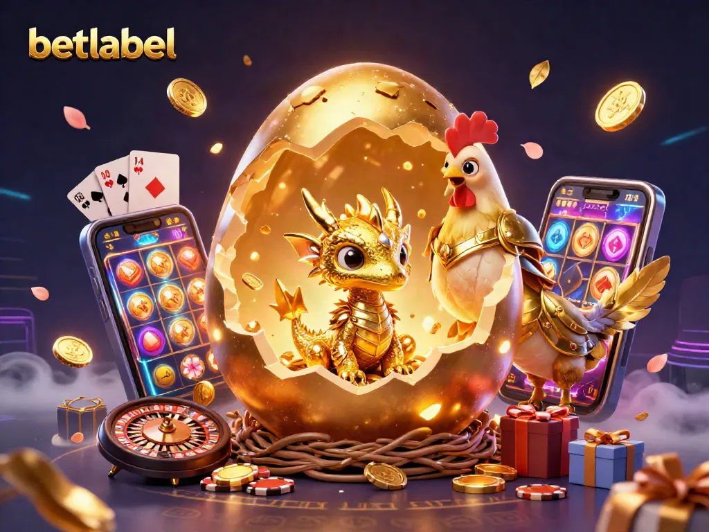 Immerse in the vibrant world of betlabel with a golden dragon revealing riches amidst gaming excitement.