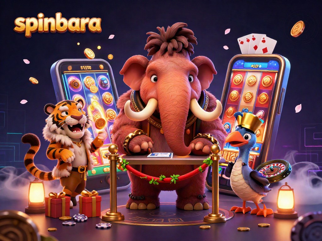 Experience spinning reels at Spinbara Casino with a vibrant 3D illustration combining colorful game elements.