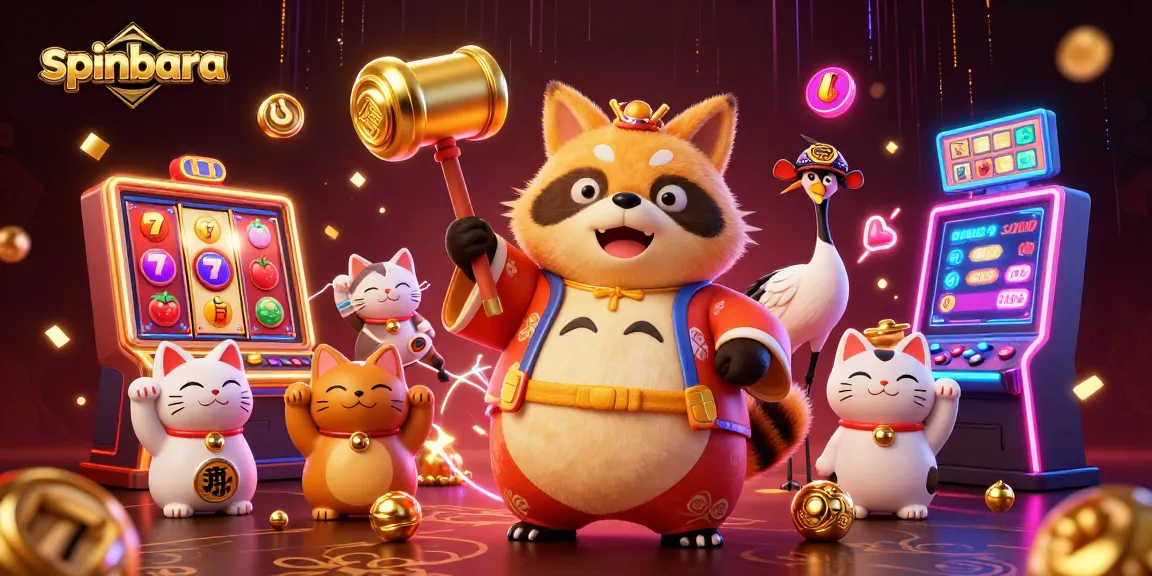 Spinbara casino illustration featuring a cheerful tanuki, crane, and fortune cats with slot elements.